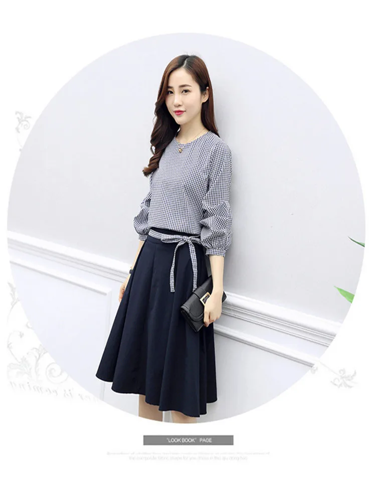 

Female two pieces set fashion Women skirt set Checked Lantern Sleeve top skirt suit women's two pieces suit spring ladies sets