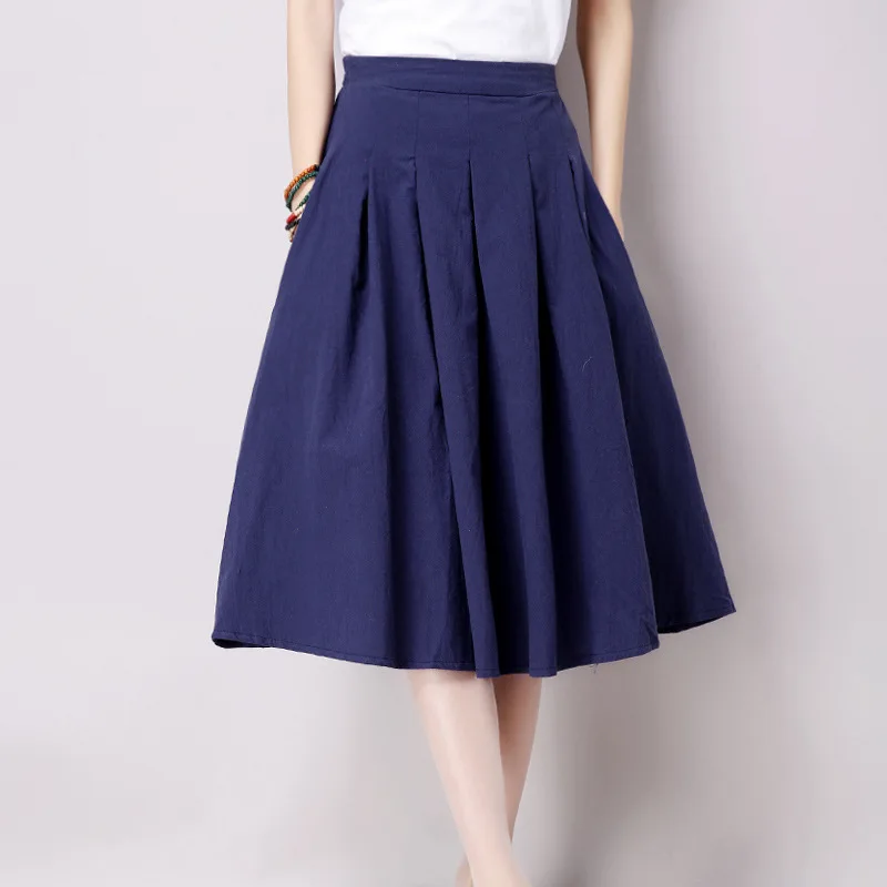 

2018 Summer New Style Retro Loose-Fit Versatile Solid Color Elastic Waist Mori Girl Line Cotton Linen Skirt