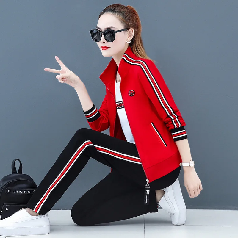 2019 New Autumn Women Sportswear Tracksuit Stripe Printed Jacket+sweatshirt+pant Running Jogging casual Workout Set Sport Suit