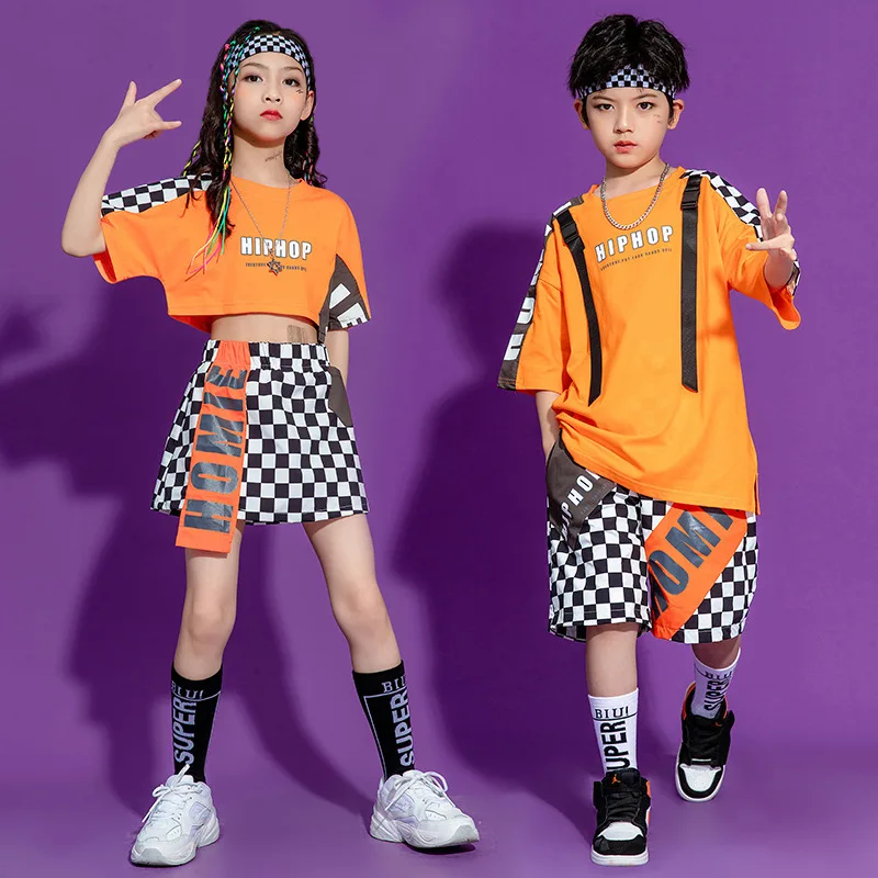 Kid Hip Hop Clothing Graphic Tee Oversized T Shirt Crop Top Streetwear Checkered Summer Shorts Skirt for Girls Boy Dance Costume