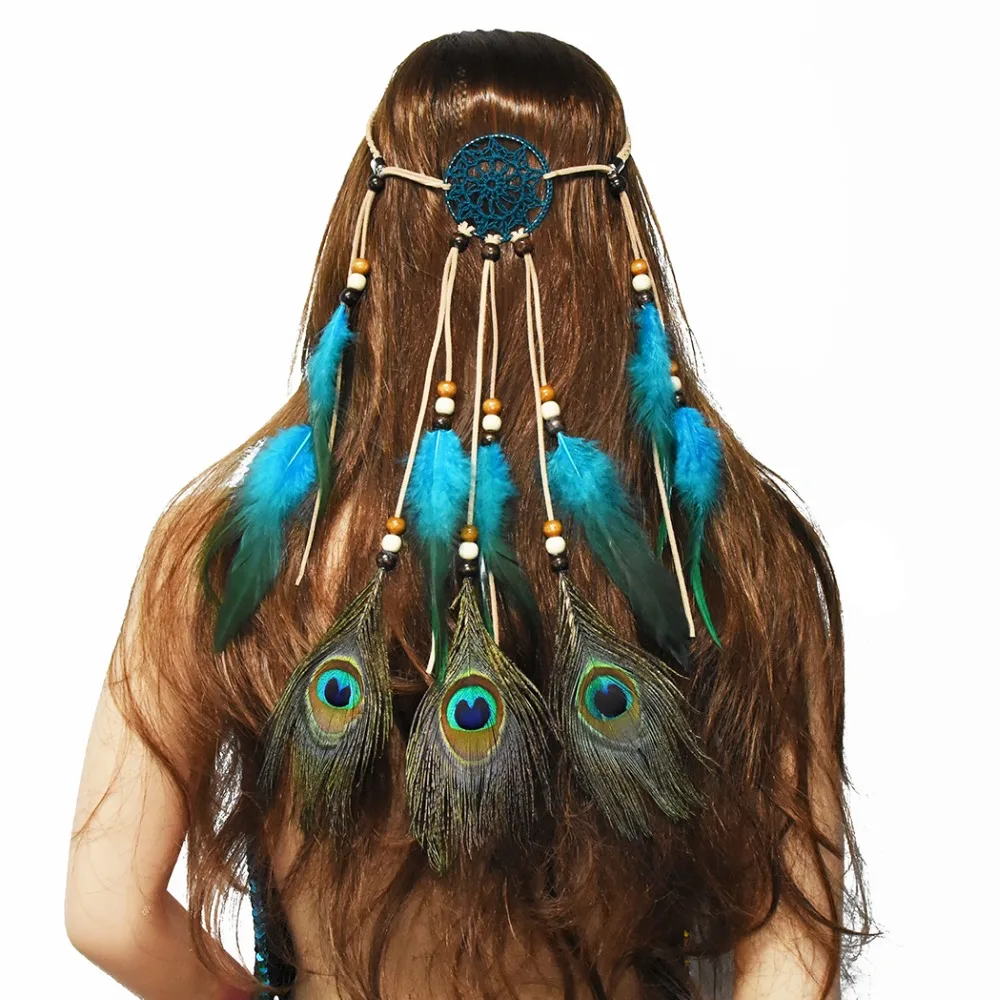 Лидер продаж Богемный Хиппи повязка на голову Ловец снов перо Hairband для женщин модная повязка на голову с перьями павлина аксессуары для волос