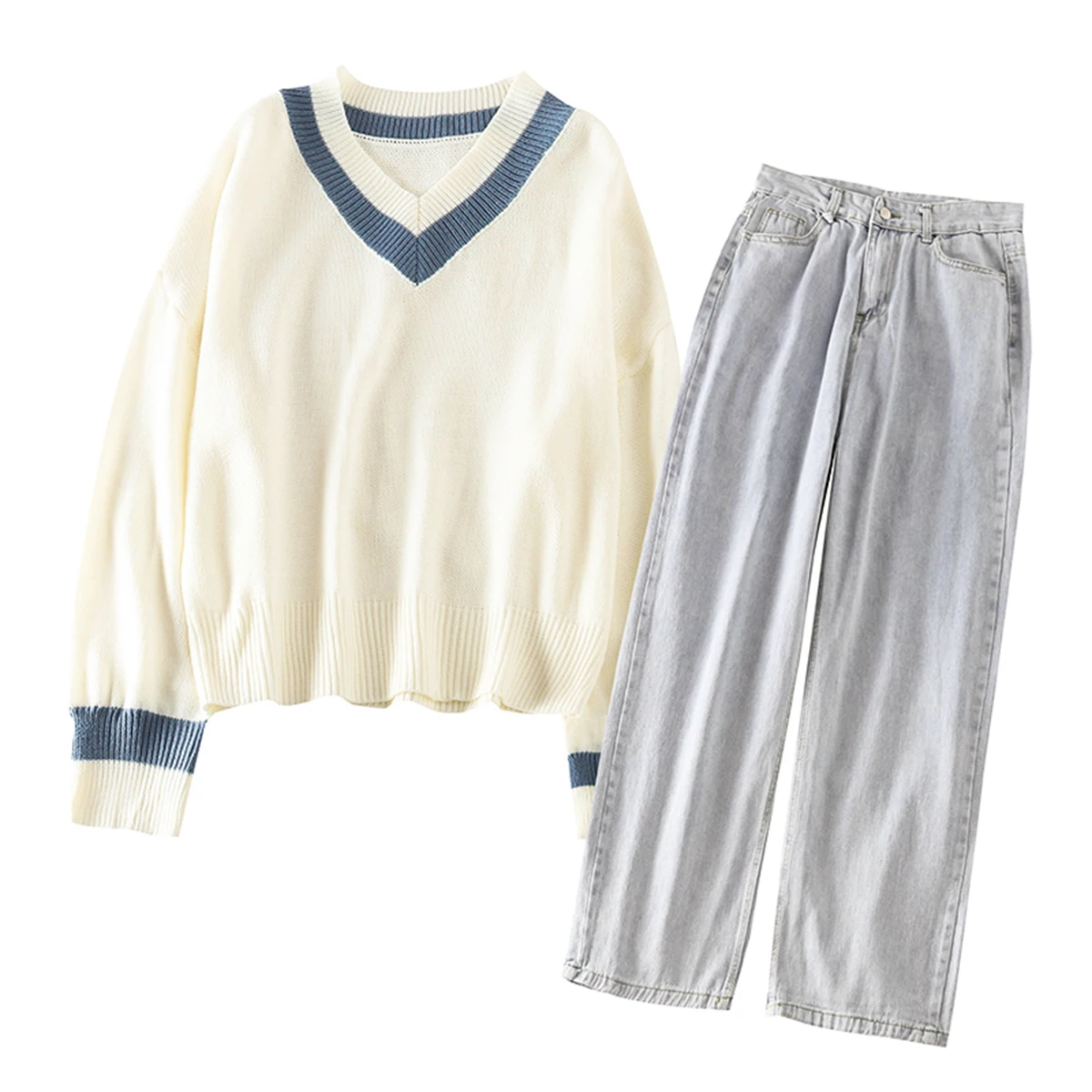 

Fashion Simple Women Two Piece Set Autumn Sexy V Neck Knitted Sweater and Loose Denim Pants Set Outfit Casual Streetwear Suit