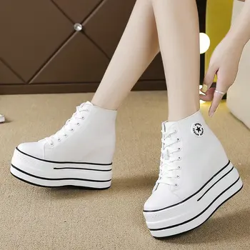 

women ankle boots Hidden Wedge High Top canvas Shoes Platform Sneakers femmes platform shoes High Heels A61-78 HF