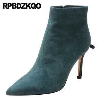 

booties pointed toe short high quality luxury brand shoes women ankle green heel suede stiletto genuine leather boots thin sexy