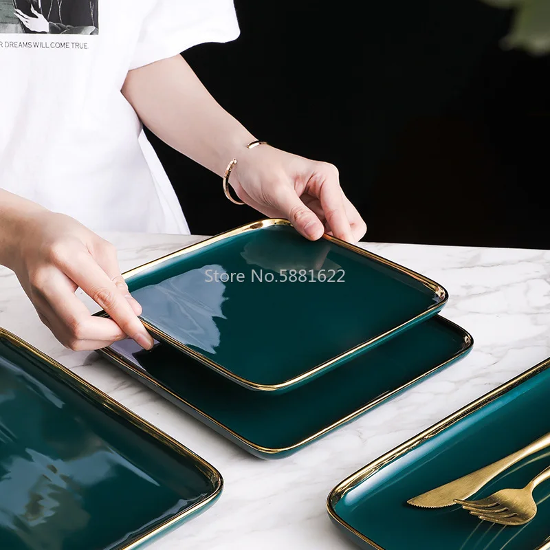 Tableware Green Ceramic Dinner Set Gold Inlay Porcelain Dessert Plate Steak Snack Cake Plate Salad Soup Rice Bowl