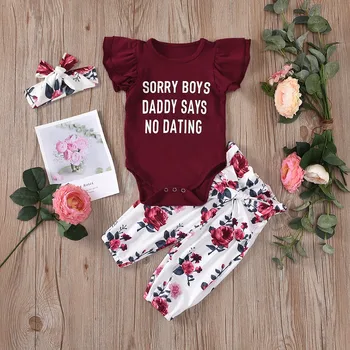 

Newborn Baby Girl Fly Sleeve Letter Print Romper+Flower Pants+Headband Set Summer New Style suit Children's Sets Outfit Sets