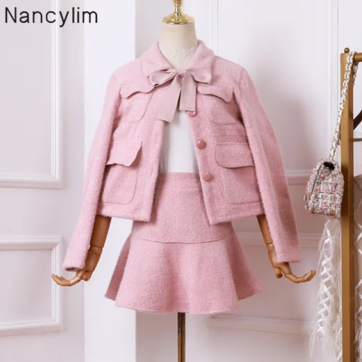 

Mink Velvet Suit Female Two Piece Set Women Set Little Breeze Tie Bow Short Coat + High Waist Skirt Two-piece Set Vestidos Femme