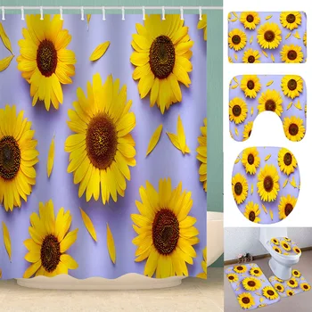 

New 2020 Newest Bathroom Shower Curtain Sunflower Printing Sets Toilet Cover Mat Non-Slip Bathroom Rug Set