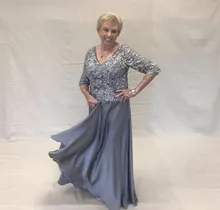 

Elegant Grey Long Mother of the Bride Dresses Plus Size with Half Sleeve Chiffon Women Groom Formal Evening Prom Dress