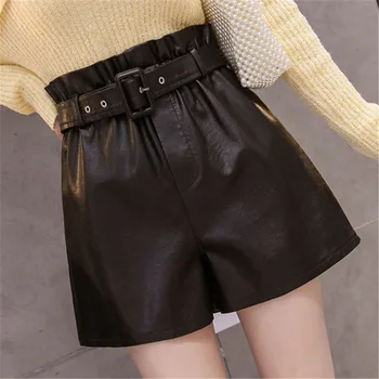 

Women Spring Fashion Korea Style Large Size High Waist PU Leather With Waist Belt Female Harem Casual Office Lady Black Shorts