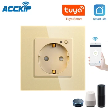 

ACCKIP Wifi Wall Socket EU Standard Smart Socket White Black Golden Colors Glass Panel Smart Home Wireless Control by Tuya APP