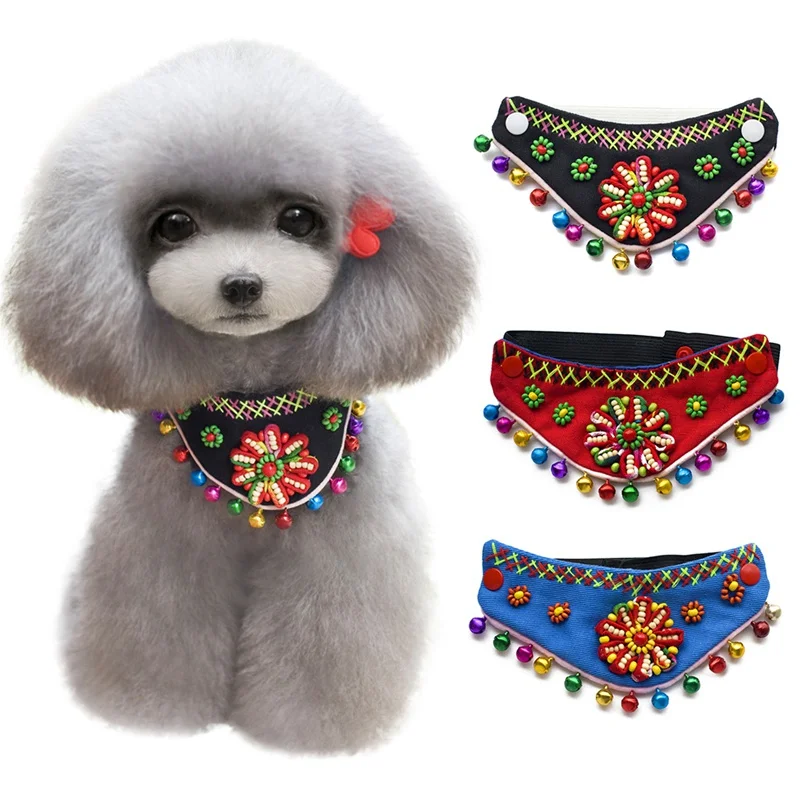 Китайский миноритарный стиль, бандана для ухода за домашними животными, ошейник для собак, аксессуары, цветной треугольный шарф с цветком и колокольчиками