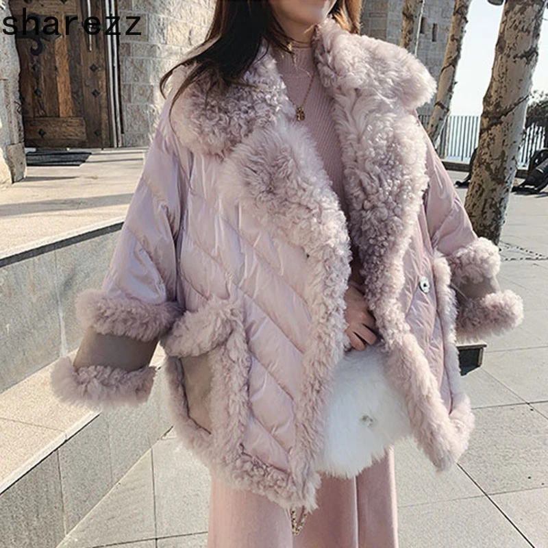 

Elegant Pink Fur Collar Winter Jacket Women 2019 woolen lambswool Thicken Parkas Warm Down Cotton Winter Coat Long Parka