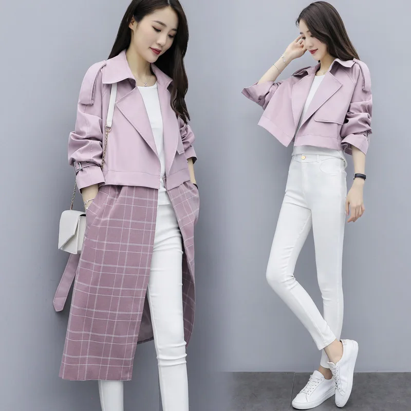 

2019 Autumn Mid-length Polo Collar Double Breasted Long Sleeve Slim Fit Plaid Lace-up Deconstructable Trench Coat Women's