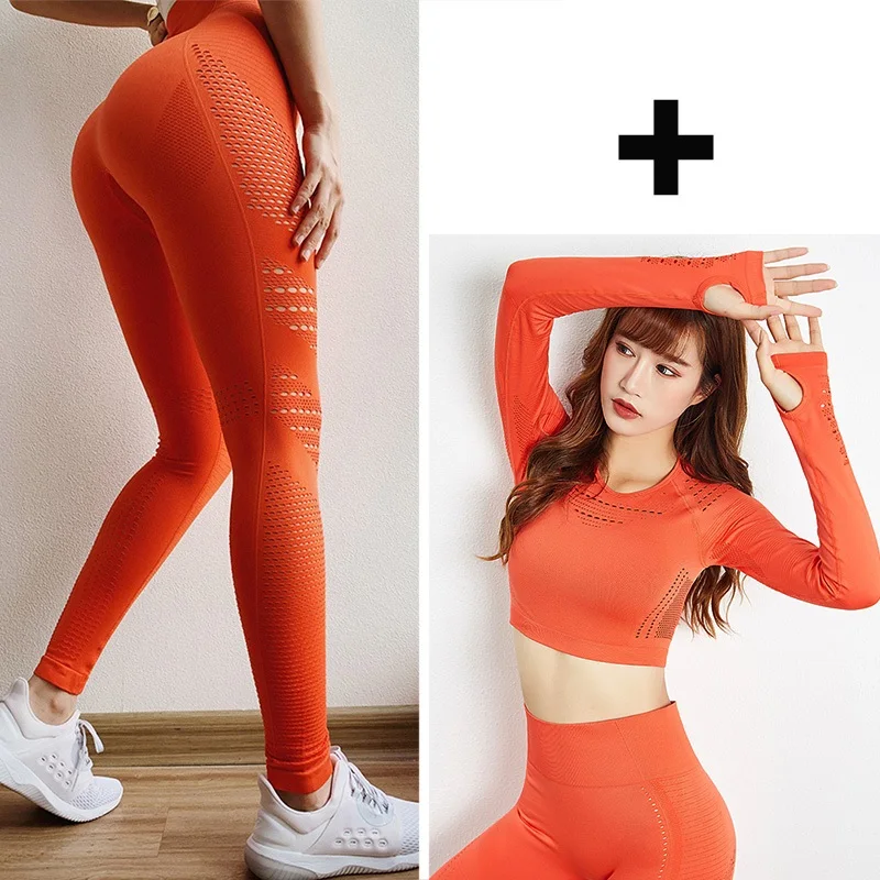 Orange Suit Женские Бесшовные штаны для йоги, высокая талия, Спортивные Леггинсы, для спортзала, фитнеса, тренировок, полые длинные колготки для бега, для девушек, сексуальные S-L - Цвет: Orange Suit
