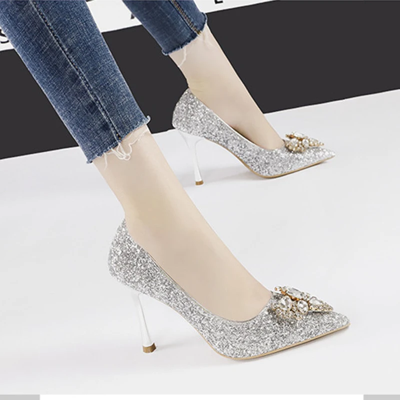 

Bling Sequins Crystal Bridesmaid Stiletto Women's Pumps Shoes Banquet Wedding Shoes Sexy Pointed Toe Women High Heel Bride Shoes