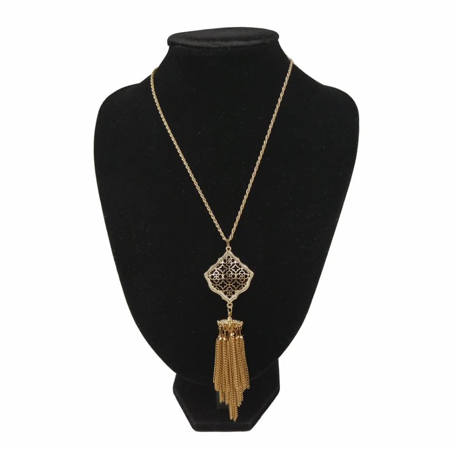 gold tassel 2 Квадратный филигранный длинный эффектный кайт колье с подвеской в виде кисточки для женщин - Окраска металла: gold tassel 2