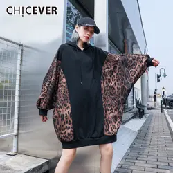 CHICEVER корейский Леопардовый женский свитер с капюшоном рукав летучая мышь рукав свободный оверсайз повседневные толстовки женские 2019