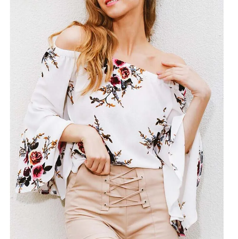 

blusas mujer de moda 2019 NEW Fashion Bell sleeve print bare shoulders top elegantes chiffon blouse blusa hombro descubierto