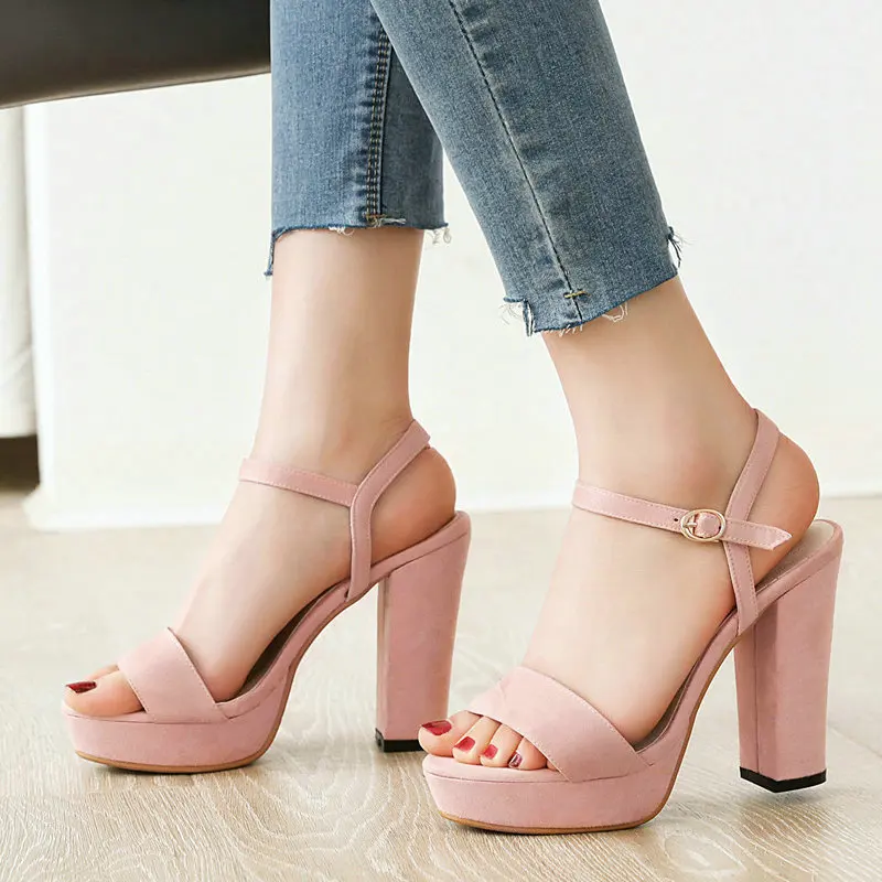 

Women Summer Heels Sandals Fashion Platform Square Heel Shoes Woman Open Toe Buckle Party Shoes Pink Beige Red