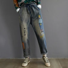 Джинсы-шаровары с вышитыми героями мультфильмов, полная длина, свободные, с завязками на талии, женские джинсы, большие размеры, женские джинсы, брюки