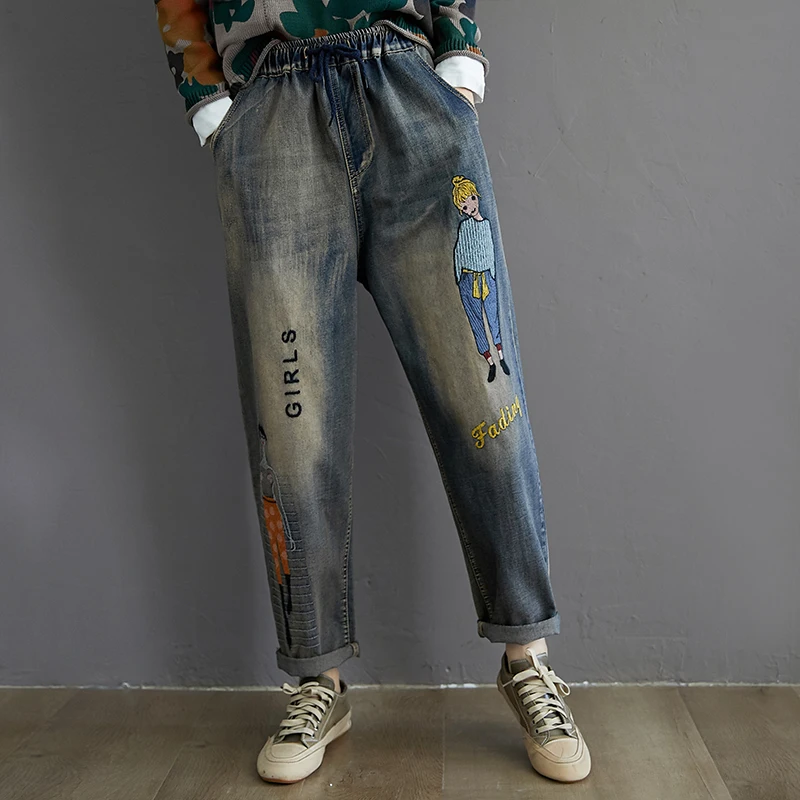 

Oversize Cartoon Embroidery Harem Jeans Full Length Loose Drawstring Waist Pockerts Jeans Woman Plus Size Ladies Jeans Pant 2020