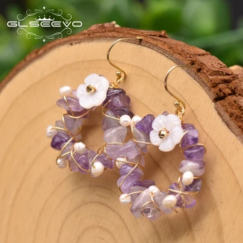 

GLSEEVO Natural Amethyst Tourmaline Drop Earrings For Women Wedding Handmade Flower Round Crystal Earring Luxury Jewelry GE0962A