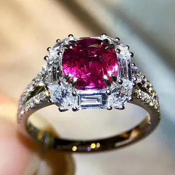 

Luxury princess red crystal ruby gemstones diamonds rings for women white gold silver color jewelry bague bijoux party gifts new