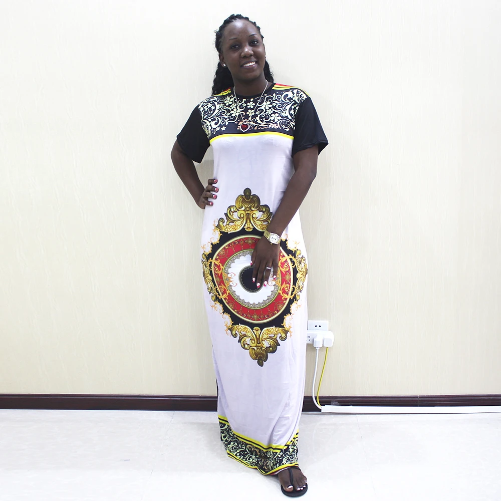 

Dashikiage 100% Polyester Black Slim Floral Print Short Sleeve Elegant Long Dress