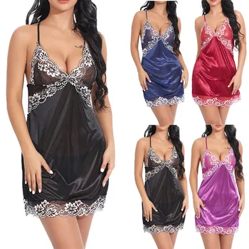 

Women Sexy Halter Chemise Lace Lingerie Babydoll Set V-neck Teddy Sleeveless Sleepwear Sexy Nightgowns Sexy Nightwear W5