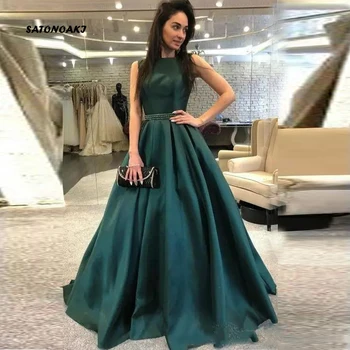 

SATONOAKI Charming Hunter Prom Dresses Bateau Neck Backless Satin Evening Dresses With Crystal Buttons Design Dress Custom Made