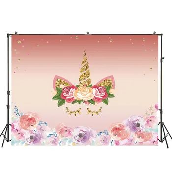 

HUAYI red backdrop with watercolor flowers and unicorn photo backdrop children birthday party and baby shower decoration W-331