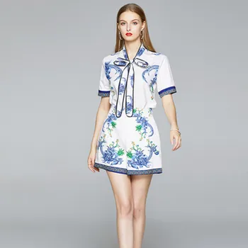 

Design Fashion Two Piece set Women's Elegant Short Sleeve Bow Collar Blue Flower Print Blouse + High waist Shorts Suits Vestidos