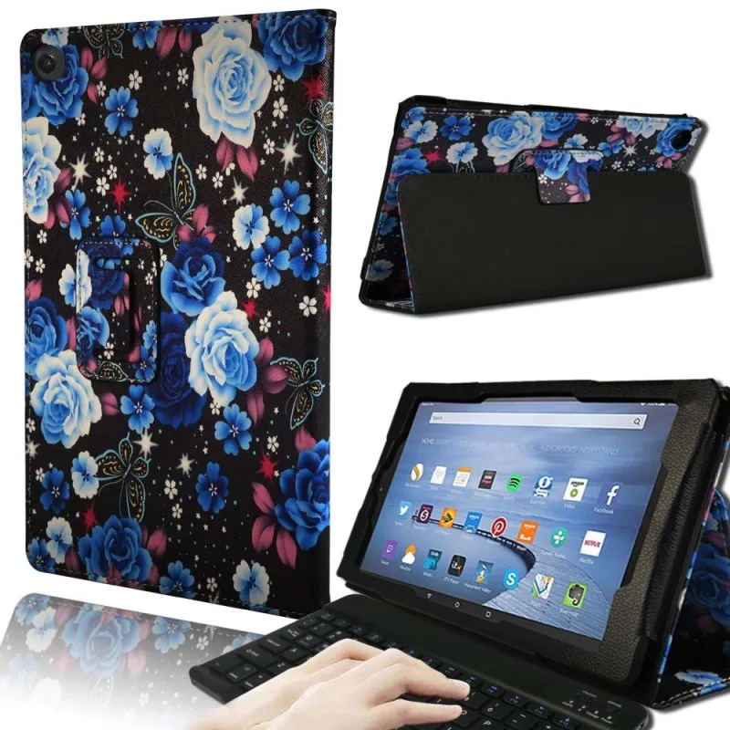 KK&LL для Amazon Fire HD 10(7/5 поколение, / выпуск) Bluetooth клавиатура+ умный планшет кожаный чехол-книжка - Цвет: Blue Flower