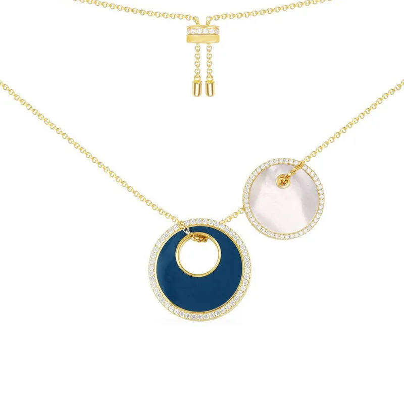 

SLJELY Luxury Brand Solid 925 Sterling Silver Round Navy Enamel and White Nacre Two Pendants Necklace Women Fashion New Jewelry