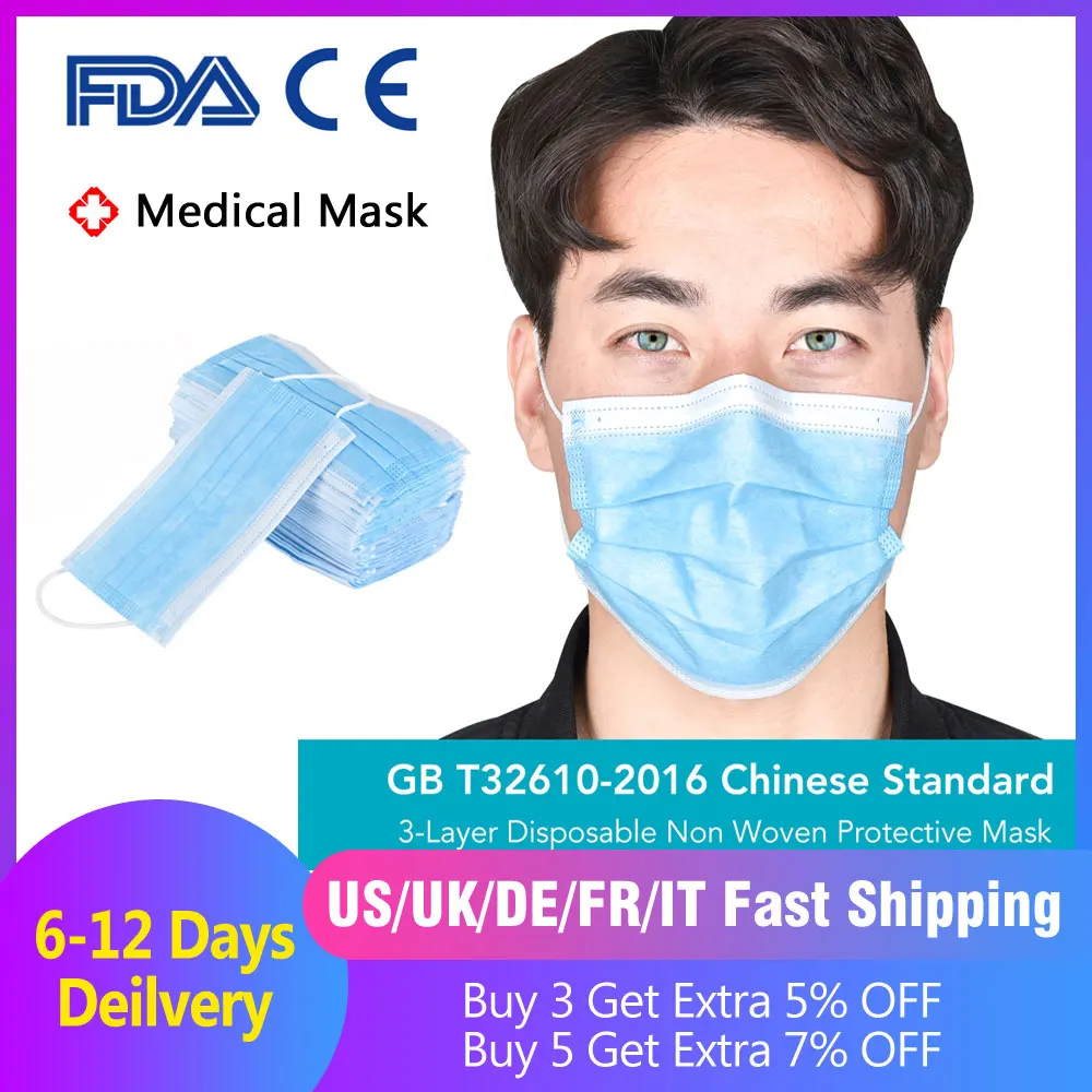 

50pcs Surgical Masks Bacteria Proof Medical Masks 3 Layer Filter Disposable Masks Anti-dust Mouth Nose Proof Earhook Face Masks