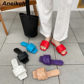 

Aneikeh Vintage Square Toe Flat Weaving Sandals Women Open Toe Gingham Slipper Sandals Summer Pu Casual Flats Shoes Zapatos Muje