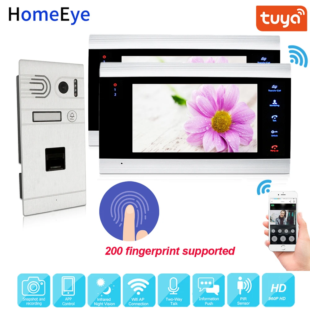 960P HD TuyaSmart App Supported Fingerprint WiFi IP Video Door Phone Video Intercom System Home Access Control Motion Detection