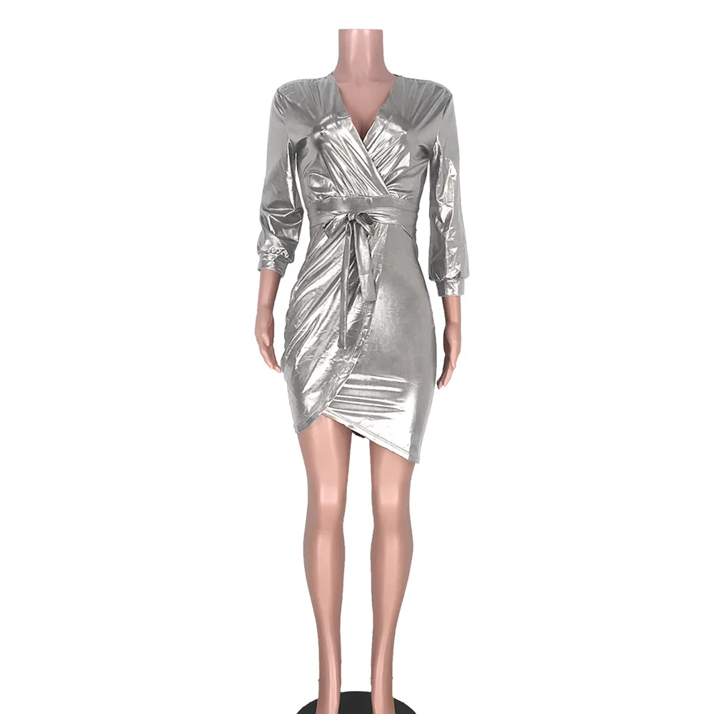 Autumn Sexy Fashion V-Collar Gilded Dress Sexy Club Solid Color Three Quarter Regular Sleeve Sequined High Elastic Mini Dress