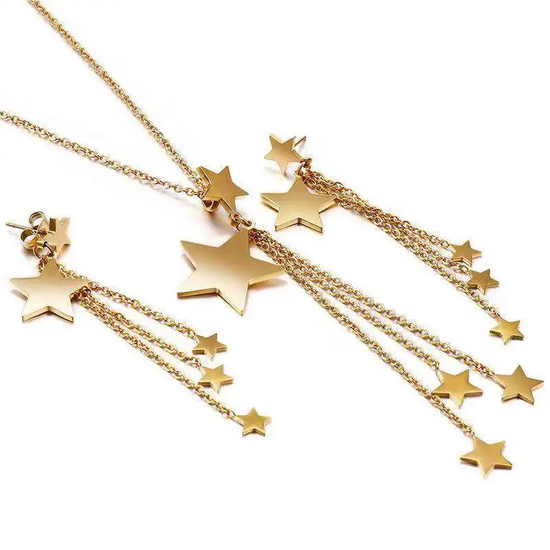 Нержавеющая сталь комплекты украшений для женщин Звезда Форма ожерелье с удлиненной цепью и кисточкой, серьги, набор, Для женщин свадебные ювелирные изделия - Окраска металла: Gold