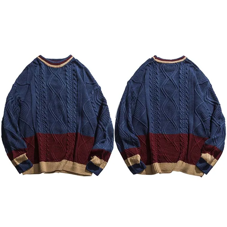Харадзюку вязаный полосатый свитер ретро цвет блок пэчворк мужской хип хоп пуловер свитер уличная осень хлопок свитер - Цвет: B508948 Blue