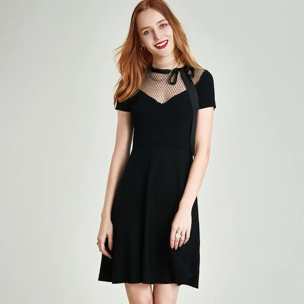 

HAVVA 2020 Summer New Arrivals Black Mesh Hollow Out Knitted O-neck with Lace-up Short-Sleeve Mini A-line Dress Q5073