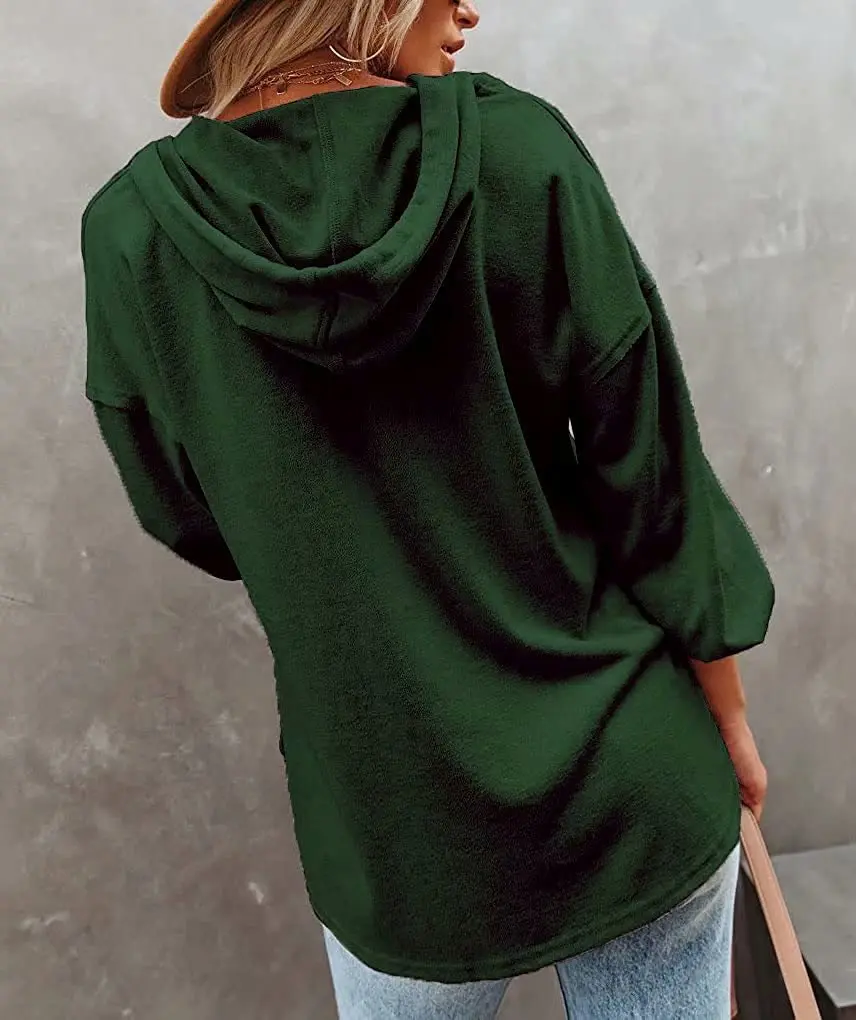 New 2021 Women's Loose-Fitting V-neck Long Sleeves Sweater Button Sports Hoodie