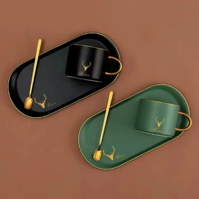 

European Ceramic Coffee Cup Set English Afternoon Tea Set Practical Oval Cup and Dish with Spoon Dessert Plate DropShip