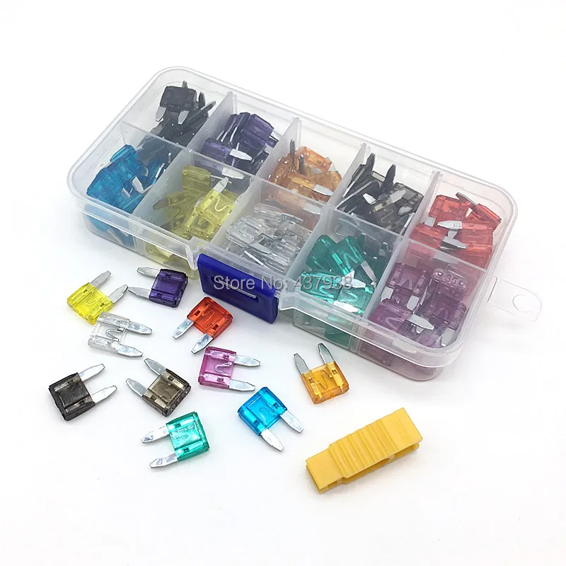 

100PCS MINI Car Fuses 2A 3A 5A 7.5A 10A 15A 20A 25A 30A 35A Amp with Box Clip Assortment Auto Blade Type Fuse Set Truck