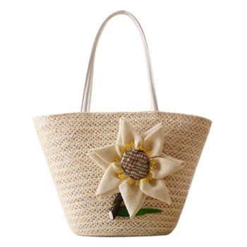 

ASDS-Summer Straw Beach Bag With Sunflower Woven Handmade Rattan Bags Female Travel Totes For Women Bag Bohemian Ladies Handbags