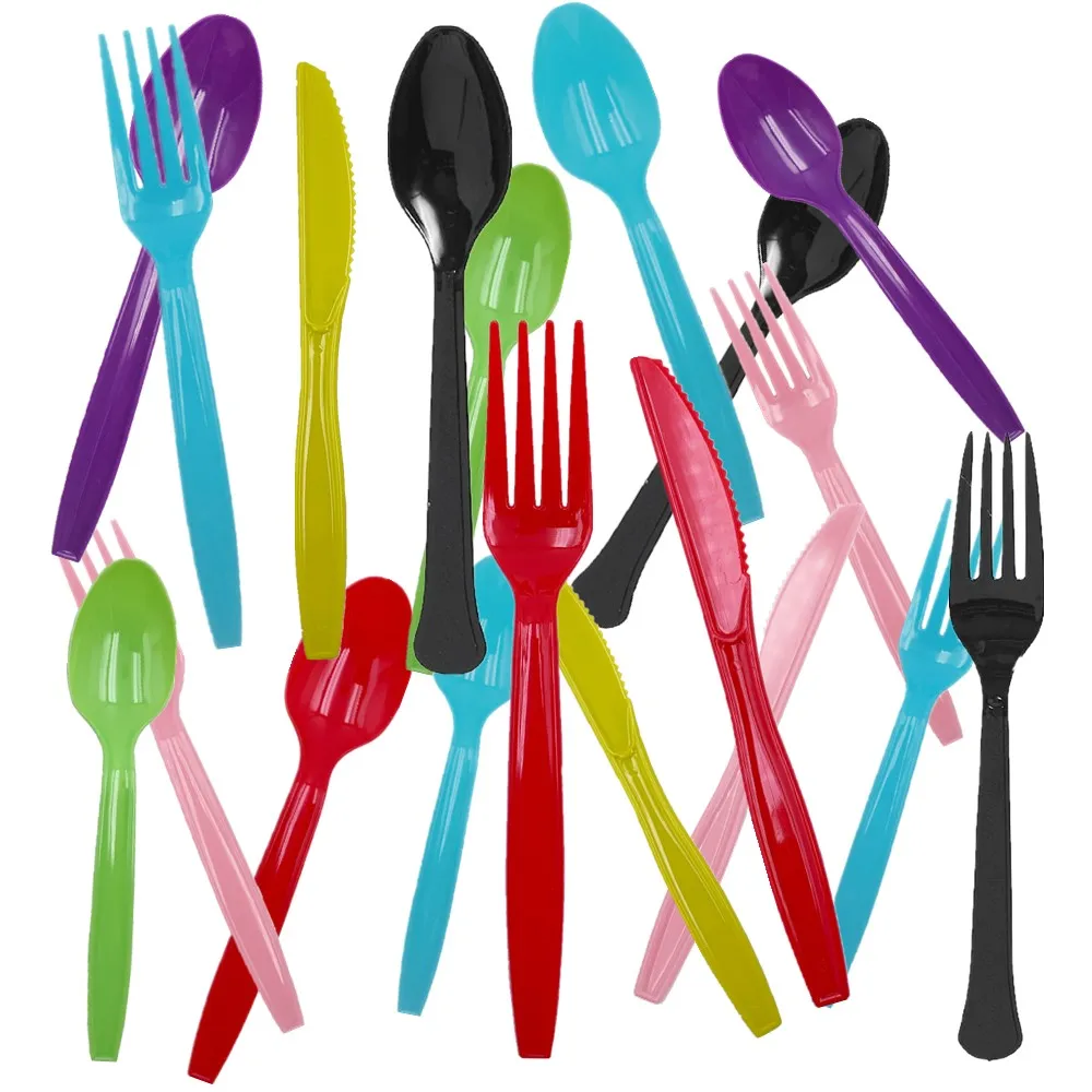 Plastic Solid Color Knives Forks Spoons famous Bla Yellow Spring new work Blue Pink Set