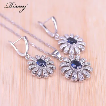 

Risenj Many Colors Flower Square With Top Zircon Jewelry Earrings Necklace Set Blue/Green/White/Purple Fashion Jewelry Set
