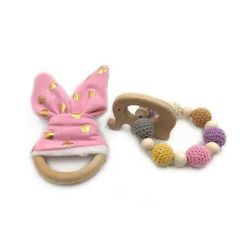 

2Pcs Soft Silicone Beads Cartoon Rabbit Ears Wood Bracelet Toddler Molar Teeth Pain Relief Tool Kids Teether Educational Toy