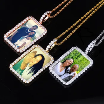 

78*40cm custom photo Medal pendant necklace back solid Square with Cubic Zirconia mens Rope stainless steel chain hiphop jewelry